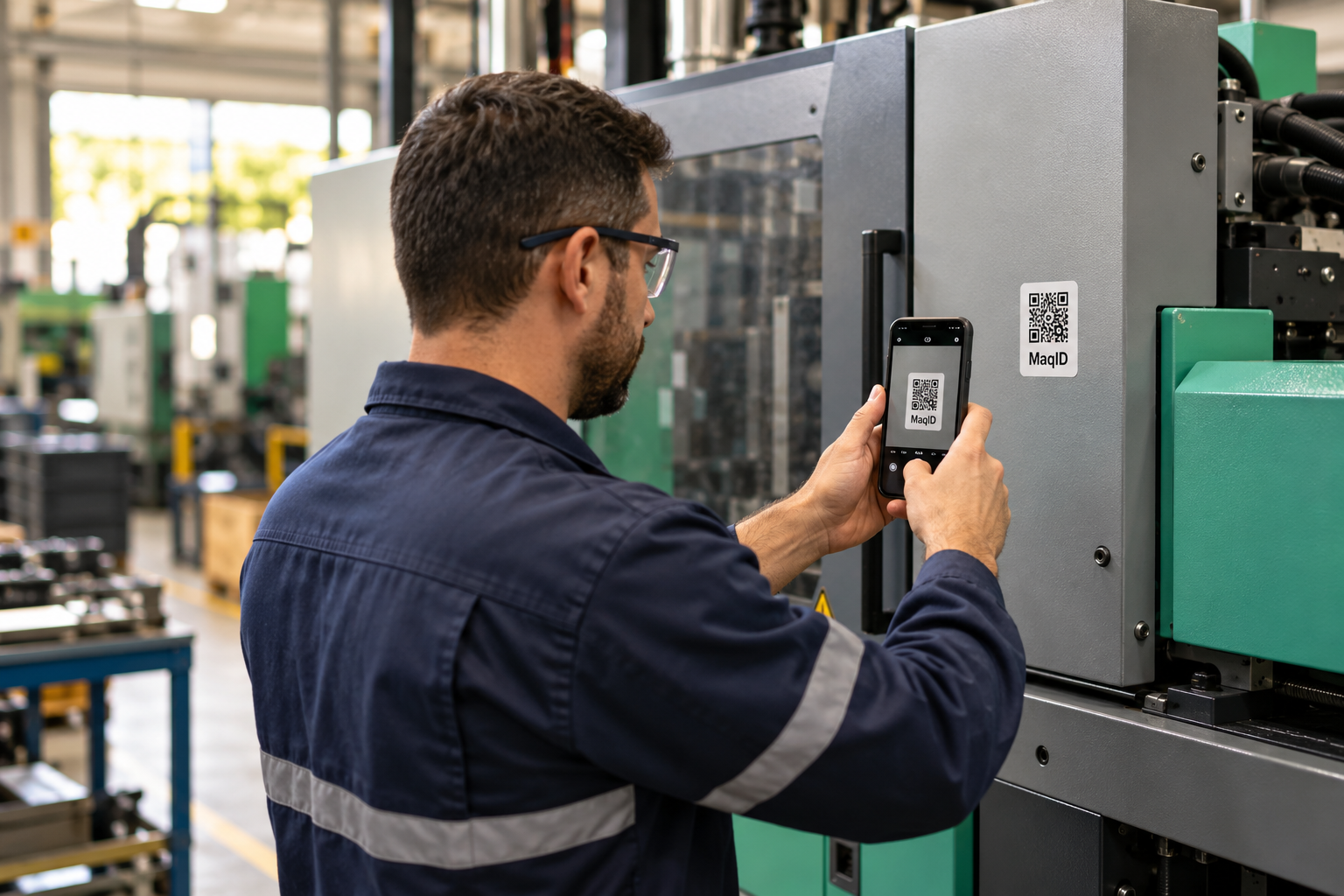 Profissional de manutenção com óculos de proteção aponta o celular para a etiqueta QR MaqID de uma máquina industrial.
